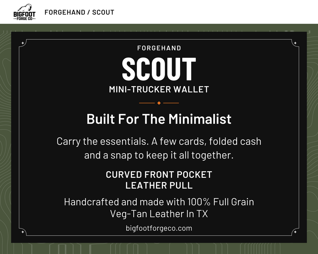 Scout mini-trucker wallet product card. Full-grain veg-tan leather.