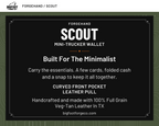 Scout mini-trucker wallet product card. Full-grain veg-tan leather.