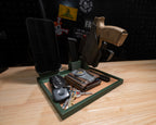 Green tactical EDC tray with a tan liner, displayed with a phone, holstered pistol, magazine, wallet, watch and keys.