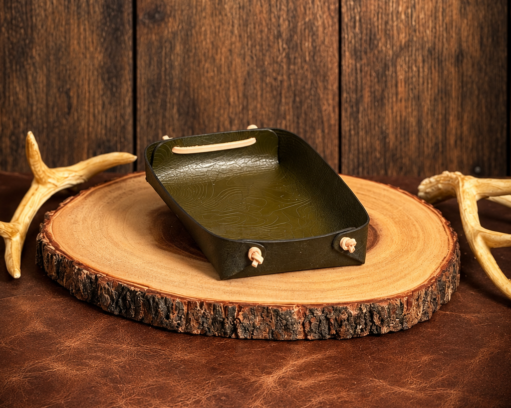 Army Green Basecamp leather valet tray with topographic detail and corded corners