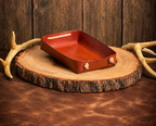 Bourbon Basecamp leather valet tray with topographic detail and corded corners