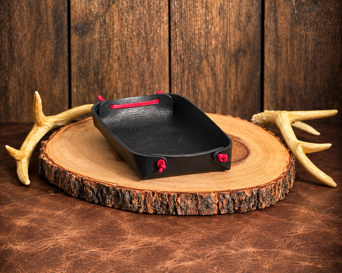 Black with Red Basecamp leather valet tray with topographic pattern