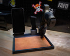 Black tactical EDC tray with a textured brown liner, displayed with a phone, pistol and magazine.