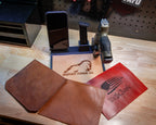 Black tactical EDC tray with a tan Bigfoot Forge Co. logo liner beside brown, textured brown and red flag-design liner samples.