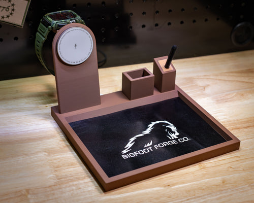 FDE EDC valet tray with Apple Watch charger, iPhone dock, and leather-lined tray with Bigfoot Forge logo