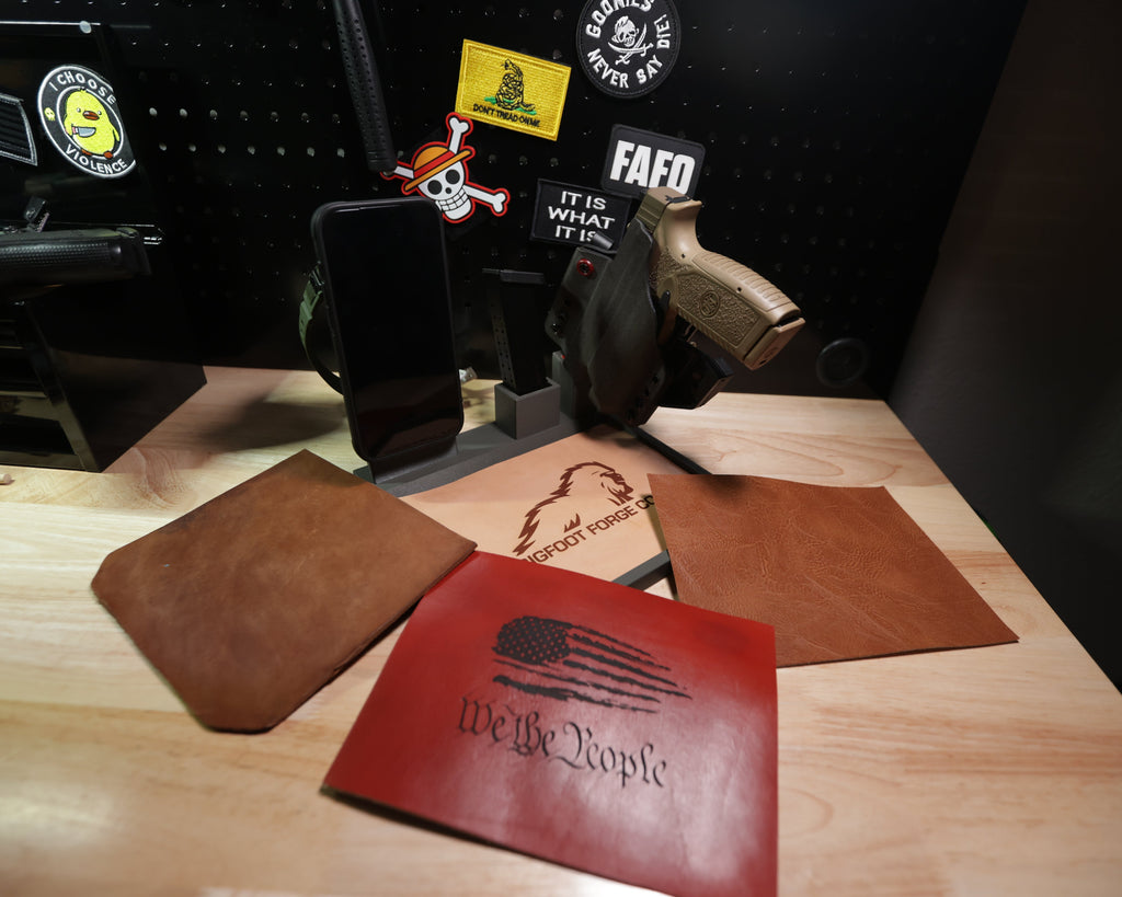 Gray tactical EDC valet tray with multiple leather liner options including veg tan, bourbon, red, and faux leather