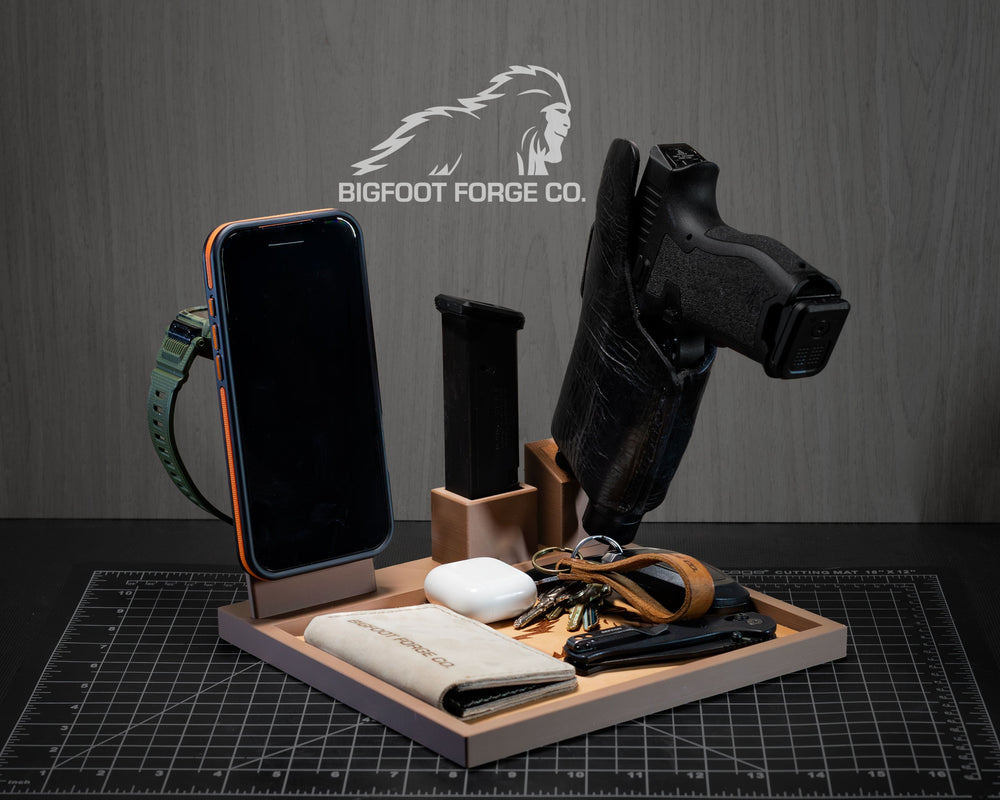 FDE (Flat Dark Earth) BFF tactical EDC valet tray with phone dock and Apple Watch charger