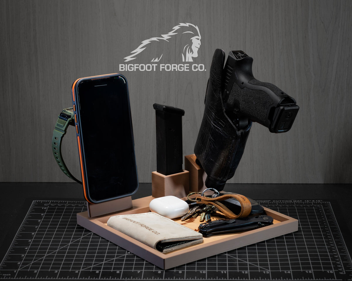 FDE (Flat Dark Earth) BFF tactical EDC valet tray with phone dock and Apple Watch charger