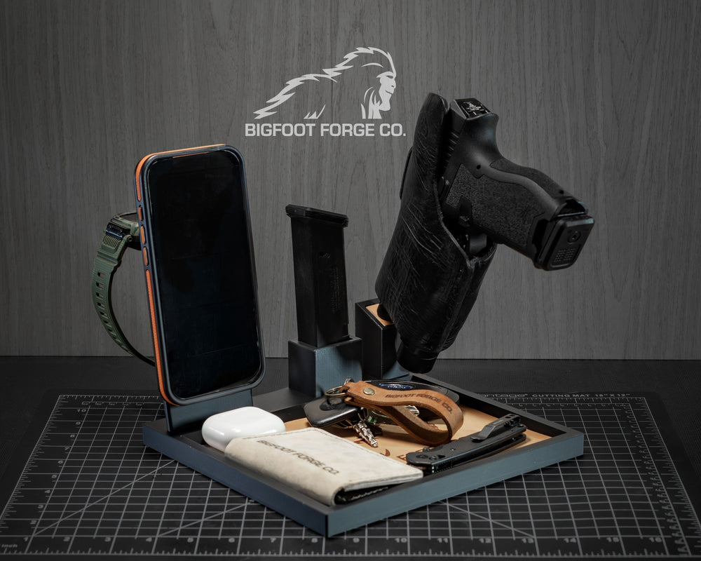 Black BFF tactical EDC valet tray with phone dock and Apple Watch charger