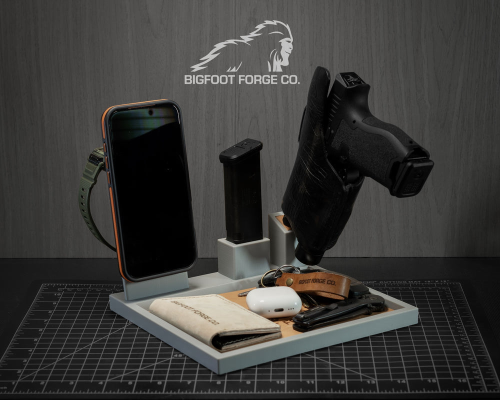 Gray BFF tactical EDC valet tray with phone dock and Apple Watch charger