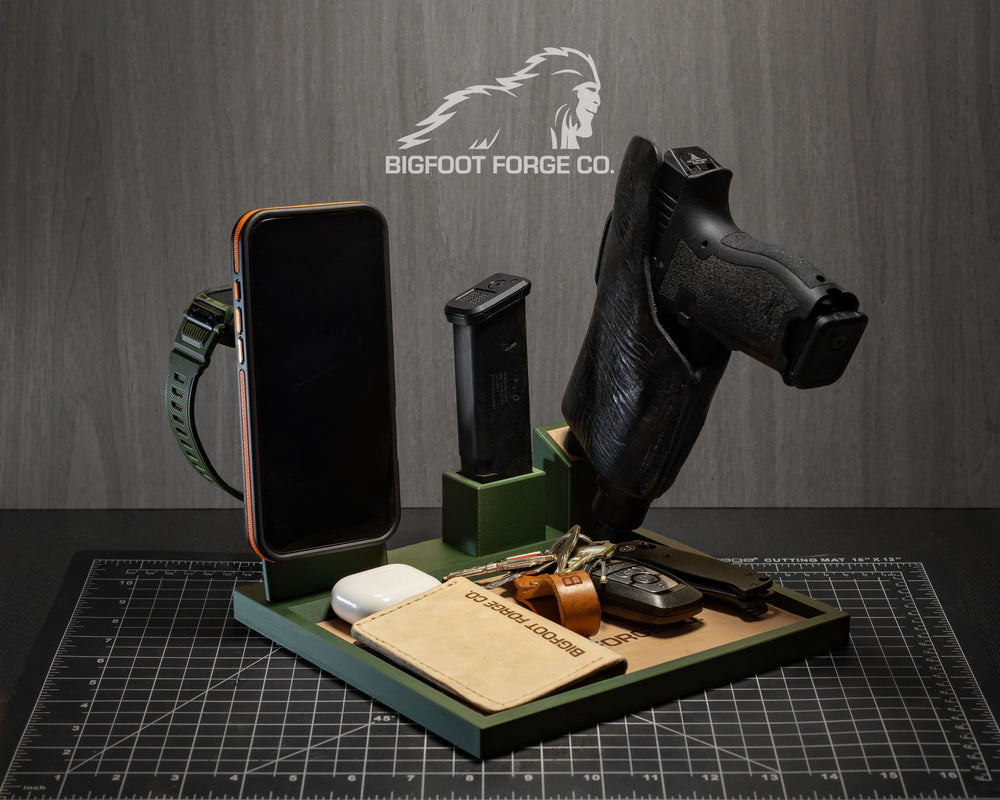 Green BFF tactical EDC valet tray with phone dock and Apple Watch charger