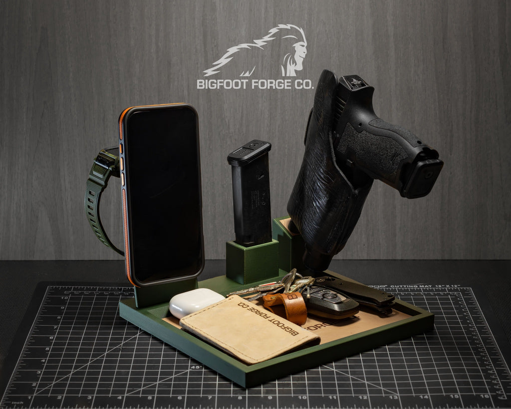 Green BFF tactical EDC valet tray with phone dock and Apple Watch charger