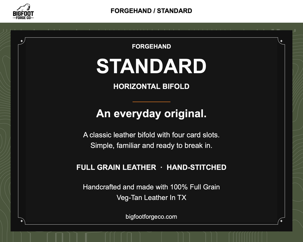 Forgehand Standard horizontal bifold product card. Full grain leather, hand-stitched.